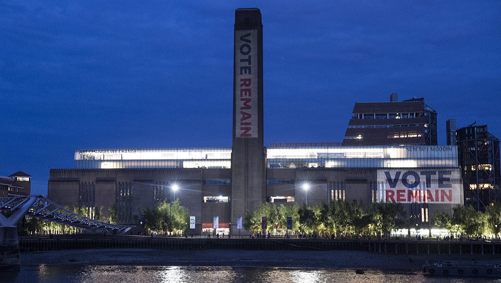 Tate Modern Gallery illuminated with Vote Remain in London