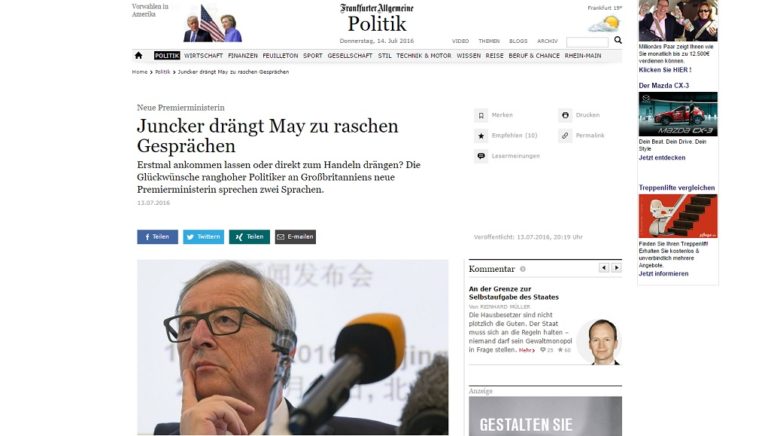 FAZ: Γιουνκέρ-Σουλτς πιέζουν την Μέι να ξεκινήσει άμεσα συνομιλίες