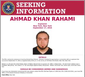19 September 2016 showing naturalized US citizen, 28-year-old New Jersey resident Ahmad Khan Rahami. Rahami, who was born 23 January 1988 in Afghanistan, is sought by FBI in connection with the recent Chelsea, New York bombing. Over 20 people were injured in blast 17 September. The motive is still being investigated. EPA/FBI / HANDOUT BEST QUALITY AVAILABLE HANDOUT EDITORIAL USE ONLY