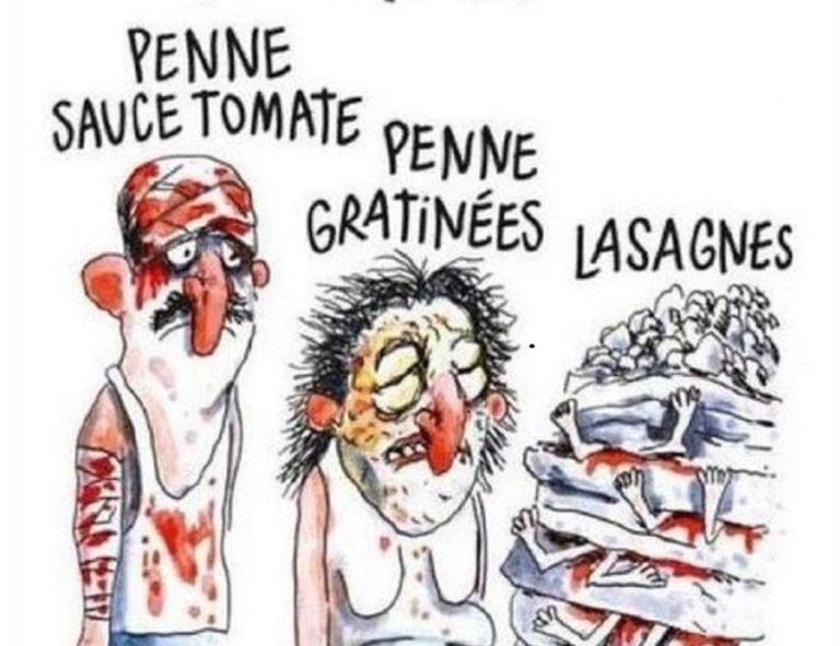 Σκίτσο του Charlie Hebdo  “σατιρίζει” τα θύματα στο Αματρίτσε…με ζυμαρικά