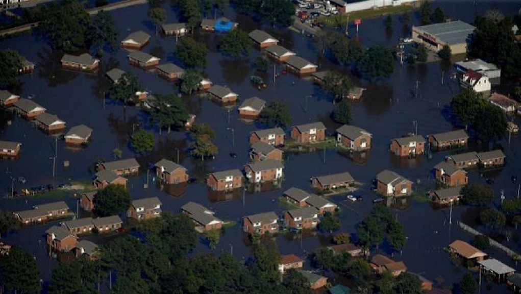 An aerial view shows a neighborhood that was flooded after Hurricane Matthew in Lumberton, North Carolina