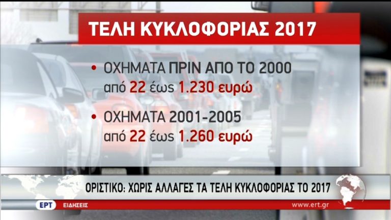 Χωρίς αλλαγές τα τέλη κυκλοφορίας οχημάτων για το 2017 (video)