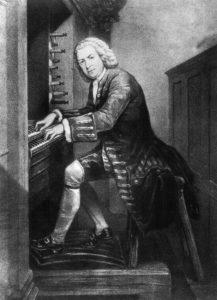 Johann Sebastian Bach (1685 - 1750), German musician and composer playing the organ, circa 1725. From a print in the British Museum. (Photo by Rischgitz/Getty Images)