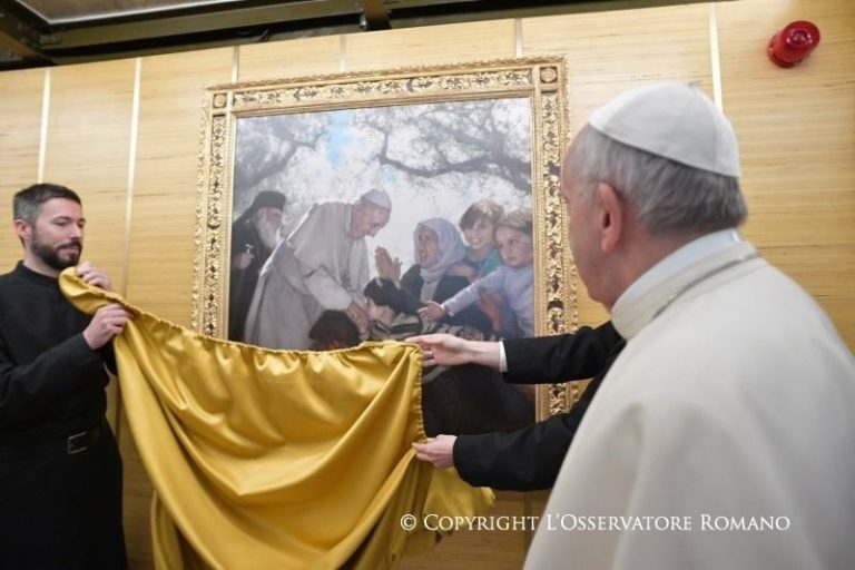 Πίνακας που απεικονίζει τον Πάπα Φραγκίσκο στη Μόρια κοσμεί το Pontificio Istituto Orientale