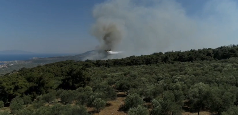 Μαίνεται για 2η μέρα πυρκαγιά στα βουνά της Θερμής Λέσβου (video)