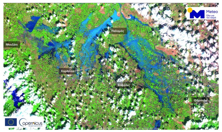 Copernicus: Δορυφορική εικόνα του  θεσσαλικού κάμπου μετά τον “Ιανό” – 210.000 στρέμματα κάτω από το νερό