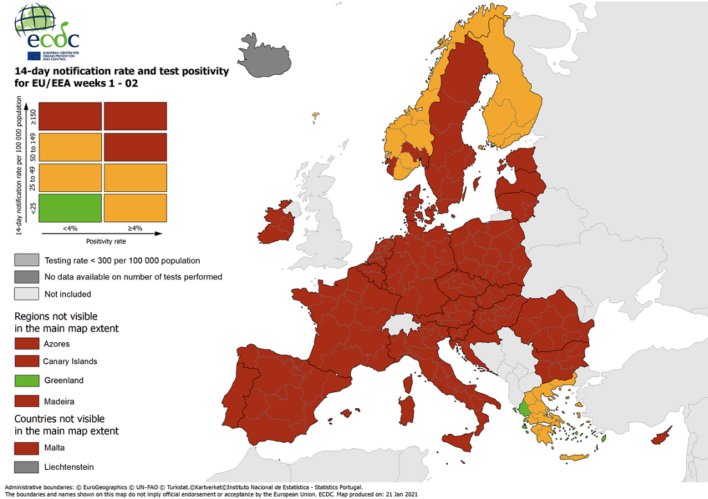 “Πράσινη” η Ελλάδα στον Ευρωπαϊκό χάρτη θετικότητας για Covid -19