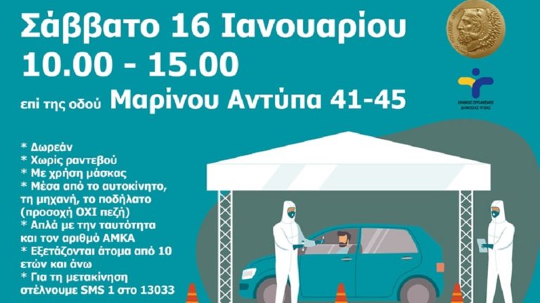 Drive through – rapid tests το Σάββατο 16/1 στο Ηράκλειο Αττικής