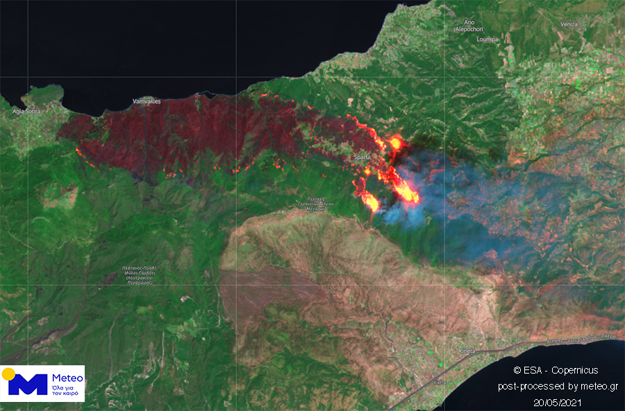 Πυρκαγιά σε Κορινθία και Δυτική Αττική: Η εικόνα της καταστροφής από δορυφόρο