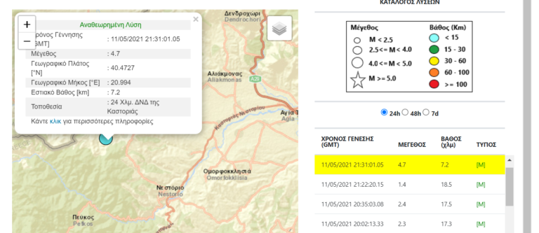 Ισχυρή σεισμική δόνηση 4,7 R στην Καστοριά – Αισθητή σε όλη τη Δυτική Μακεδονία