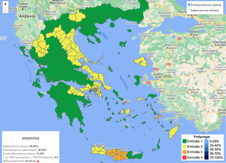 Ο νέος επιδημιολογικός χάρτης – Ανεβαίνουν επίπεδο η ΠΕ νοτίου τομέα Αθηνών και οι δήμοι Θήρας και Ιητών