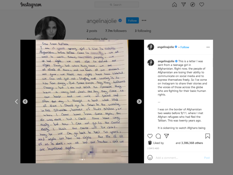 Η Αντζελίνα Τζολί κοινοποιεί επιστολή έφηβης Αφγανής στο Instagram