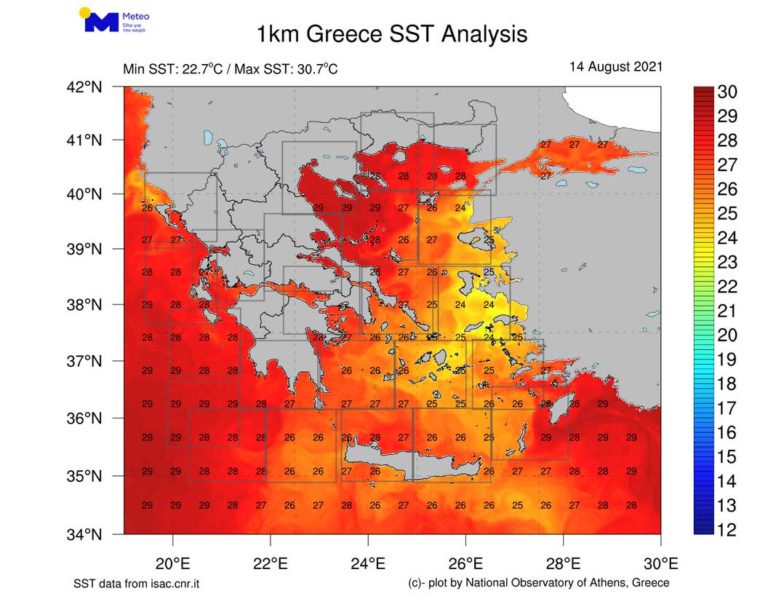 Στα ύψη τα επίπεδα θερμοκρασίας στην επιφάνεια της θάλασσας στην Ελλάδα