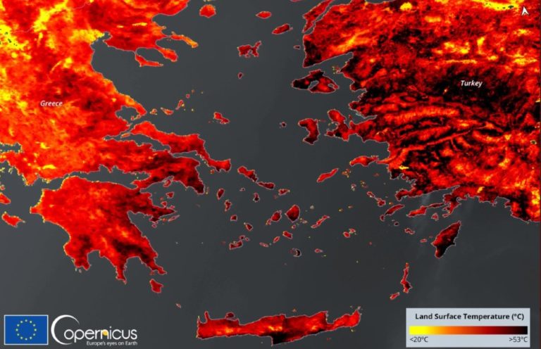 Π. Γιαννόπουλος: Δορυφορική εικόνα του Copernicus – Στο κόκκινο η θερμοκρασία εδάφους στην Ελλάδα