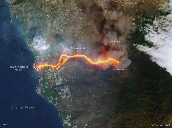 ESA: Εντυπωσιακή δορυφορική εικόνα δείχνει το ποτάμι της λάβας του ηφαίστειου στη Λα Πάλμα