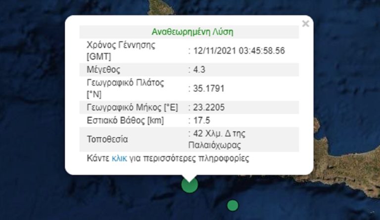 Σεισμική δόνηση 4,3 Ρίχτερ δυτικά της Κρήτης