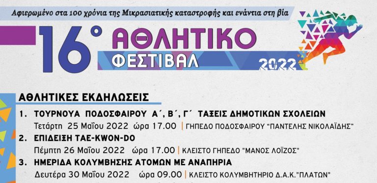 Αφιερωμένο στα 100 χρόνια από το 1922 το 16ο Αθλητικό Φεστιβάλ στον Δήμο Νίκαιας – Αγίου Ιωάννη Ρέντη