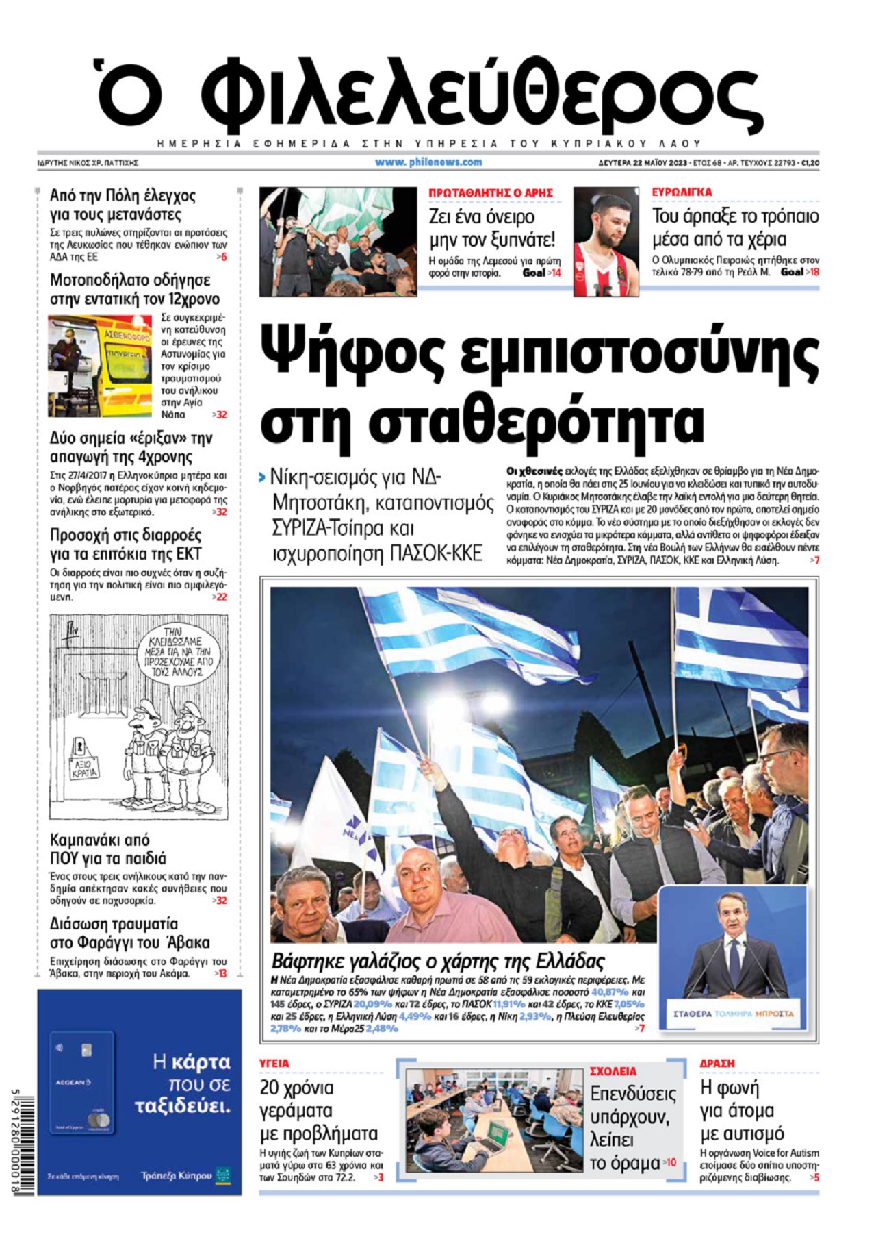 ΕΦ1 Κύπρος: Η νίκη της Νέας Δημοκρατίας στα πρωτοσέλιδα σύσσωμου του σημερινού Τύπου