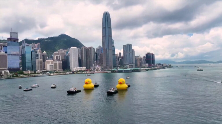 Δύο γιγαντιαίες λαστιχένιες πάπιες εμφανίστηκαν στο Χονγκ Κονγκ για να διαδώσουν «διπλή τύχη» (video)