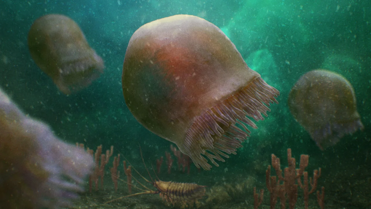 Artistic reconstruction of a group of Burgessomedusa phasmiformis swimming in the Cambrian sea.