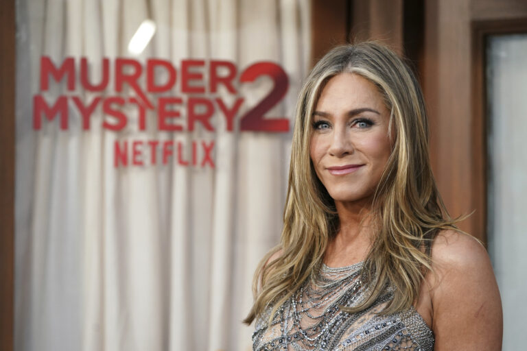 Jennifer Aniston arrives at the premiere of "Murder Mystery 2" on Tuesday, March 28, 2023, at the Regency Village Theatre in Los Angeles.