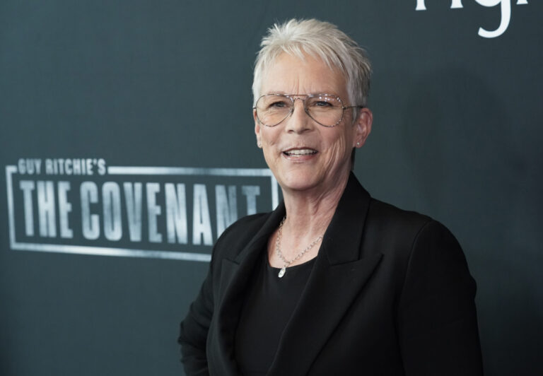 Actor Jamie Lee Curtis poses at the premiere of the film "The Covenant," Monday, April 17, 2023, at the Directors Guild of America in Los Angeles.