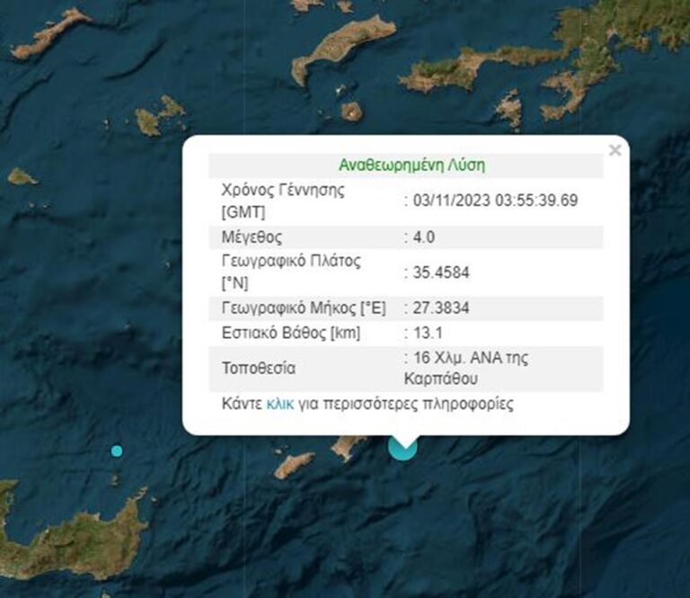 Σεισμική δόνηση 4 Ρίχτερ στην Κάρπαθο, τα ξημερώματα