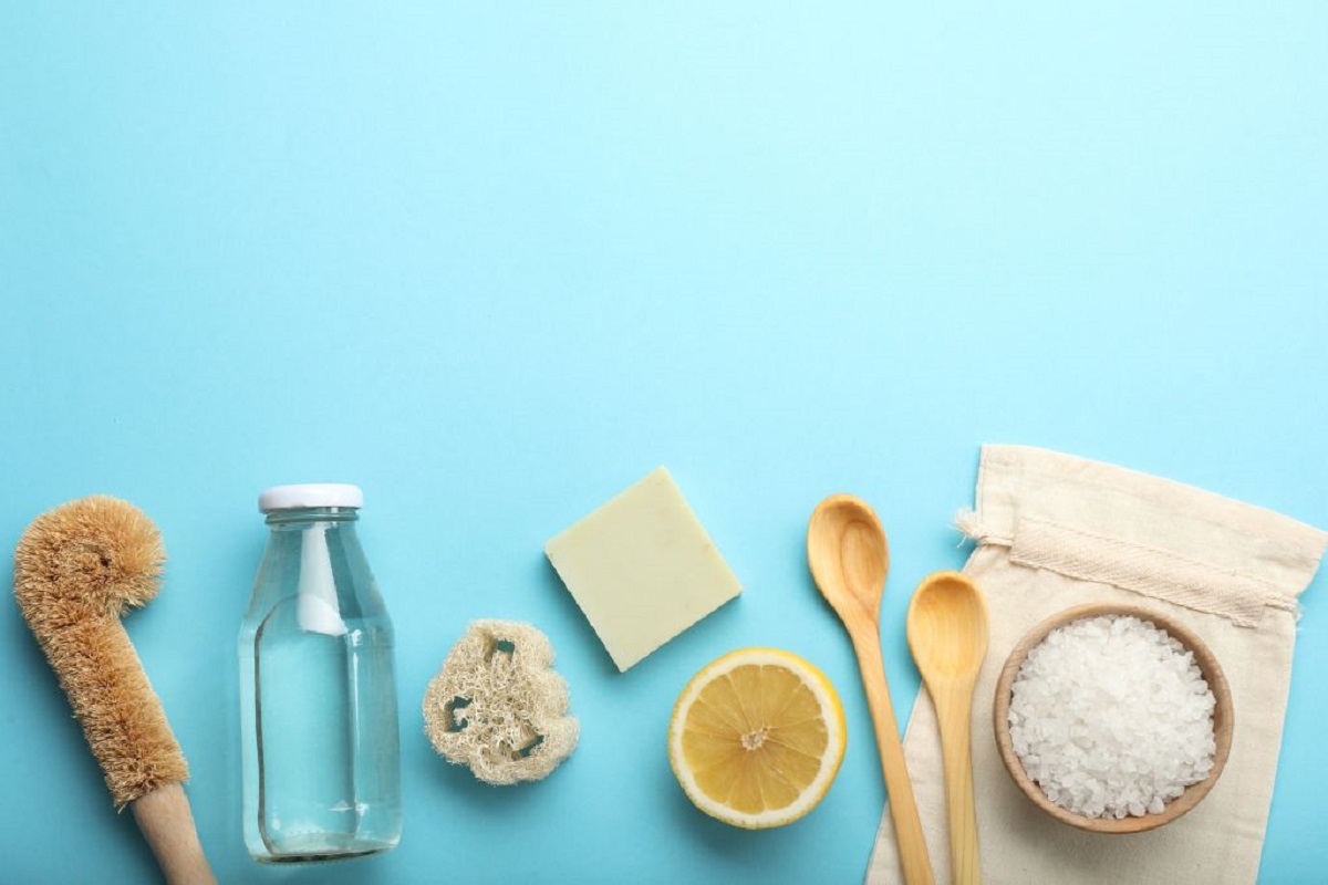 Flat,Lay,Composition,With,Eco,Friendly,Products,On,Turquoise,Background,