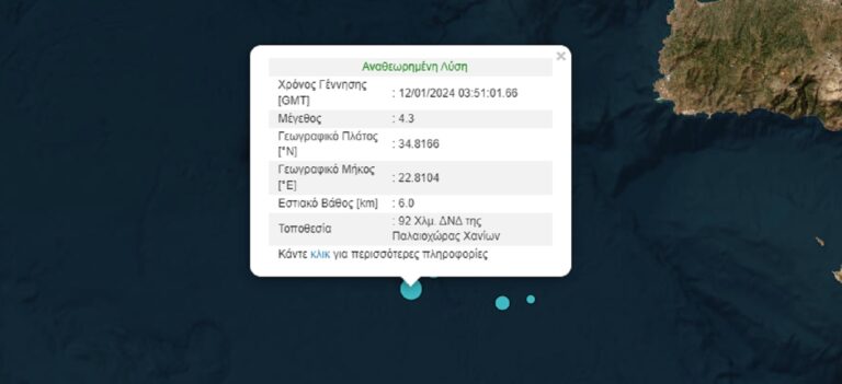 Σεισμική δόνηση 4,3 Ρίχτερ ανοιχτά της Κρήτης – Αθ. Γκανάς: Δεν εμπνέει ανησυχία