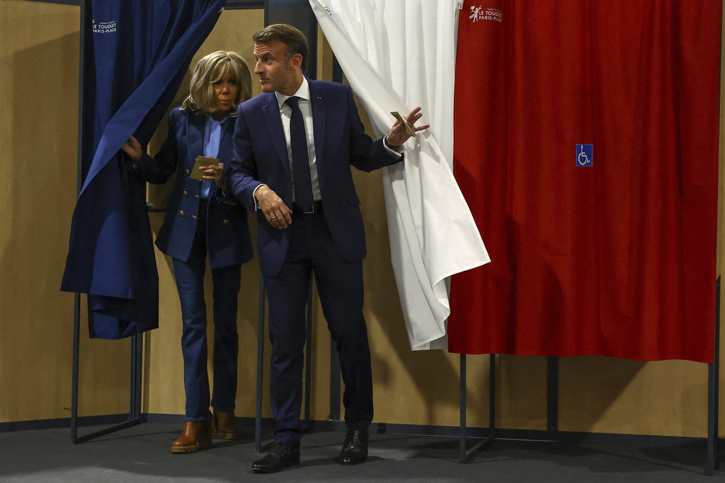 French President Macron votes during the European Parliament elections, in Le Touquet-Paris-Plage