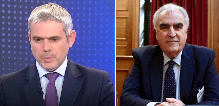 Ο υφυπ. Εργασίας Κ. Καραγκούνης και ο Δ. Ρέππας, ηγετικό στέλεχος του ΠΑΣΟΚ στην εκπομπή «ΕΠΤΑ» με τη Βάλια Πετούρη