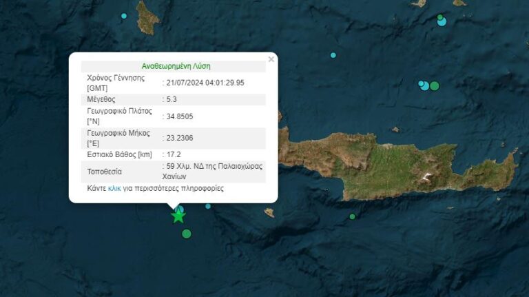 Κρήτη: Σεισμός 5,3 Ρίχτερ νοτιοδυτικά της Παλαιοχώρας Χανίων – Γ. Χουλιάρας: Υποθαλάσσιος και σε σχετικό βάθος οπότε μειώνεται η ενέργεια