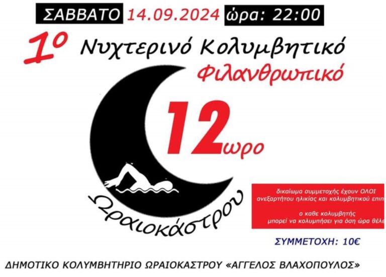 Θεσσαλονίκη: Ο Δήμος Ωραιοκάστρου και η Πρότυπη Κολυμβητική Ακαδημία Ωραιοκάστρου διοργανώνουν το 1ο Νυχτερινό Κολυμβητικό Φιλανθρωπικό 12ωρο
