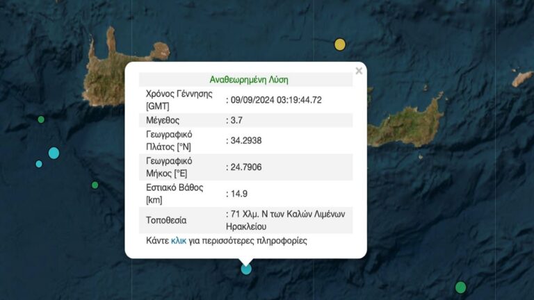 Σεισμός 3,7 βαθμών στα νότια του νομού Ηρακλείου