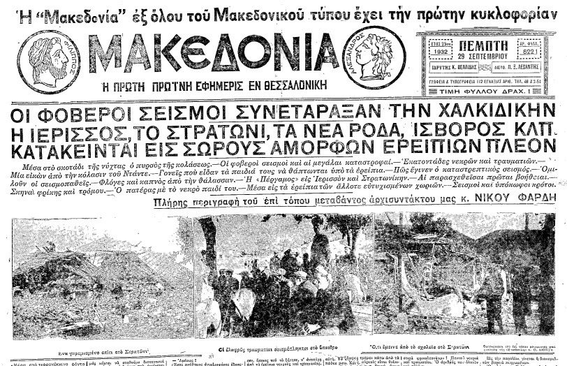 29-2-1932-εφημερίδα-Μακεδονία Όταν η Ελλάδα έπαιζε ποδόσφαιρο για ενίσχυση των σεισμοπαθών της Χαλκιδικής το 1932 (Α’ μέρος)