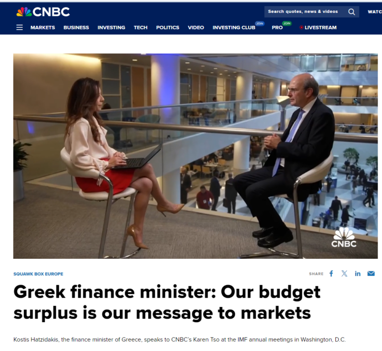 Κ. Χατζηδάκης στο CNBC: Η δημοσιονομική υπευθυνότητα είναι το μήνυμά μας προς τις αγορές