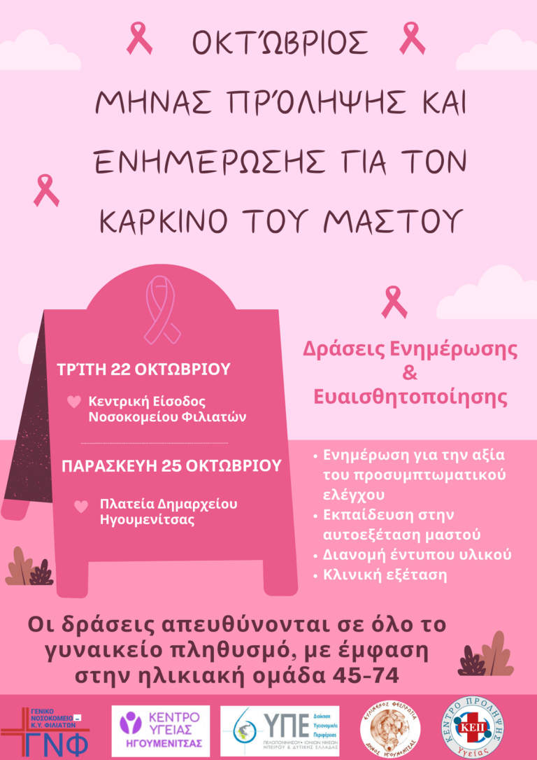 Δράσεις ευαισθητοποίησης για την πρόληψη του καρκίνου του μαστού από το Γενικό Νοσοκομείο Φιλιατών