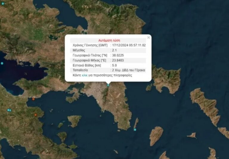 Σεισμός μεγέθους 2,1 βαθμών Ρίχτερ στον Γέρακα – «Αισθητός σε μικρές και μεσαίου μεγέθους κατασκευές», σύμφωνα με τον Ε. Λέκκα