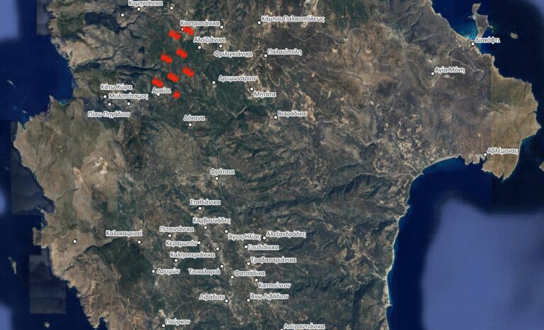 Φωτιά στα Κύθηρα: Η εξάπλωση της πυρκαγιάς στο νησί όπως αποτυπώθηκε στο χάρτη του Εθνικού Αστεροσκοπείου Αθηνών
