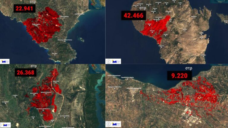 Δορυφορικές εικόνες υψηλής ανάλυσης από τις πυρκαγιές σε Χίο, Ζάκυνθο, Πρέβεζα και Αχαΐα – Πάνω από 100.000 στρέμματα στάχτη