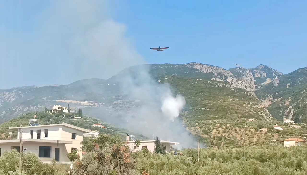 Καλαμάτα: Φωτιά στην περιοχή Ρίζα στα Αγριώματα απείλησε σπίτια – Τρια εναέρια επιχειρούν ρίψεις (βίντεο)