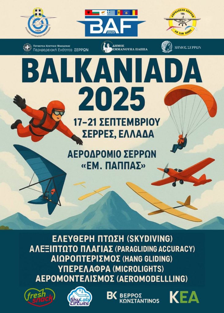 Σέρρες: Ανοίγει η αυλαία της 1ης Βαλκανιάδας αεροπορικών αθλημάτων