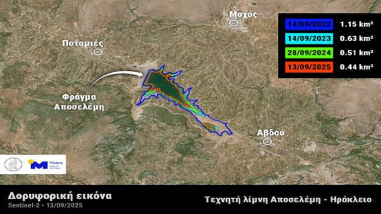 Ηράκλειο: Δραματική συρρίκνωση του φράγματος Αποσελέμη δείχνει και ο ευρωπαϊκός δορυφόρος