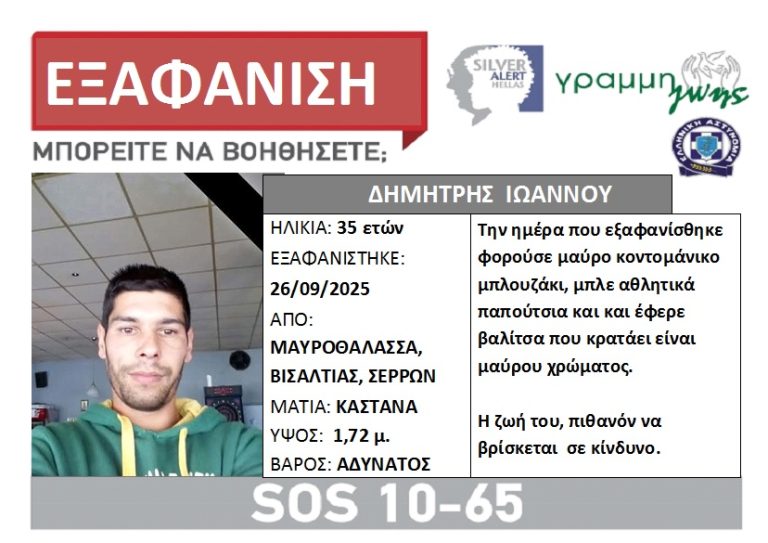 Σέρρες: SILVER ALERT για 35χρονο από την Μαυροθάλασσα