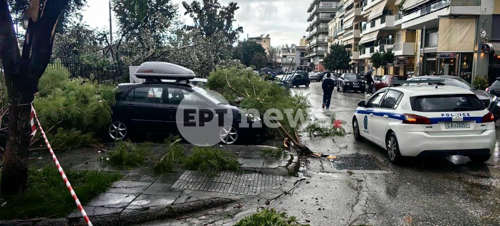 Πρωτοφανές σκηνικό με ισχυρούς ανέμους στην Πάτρα – Κλαδιά δέντρων σωριάστηκαν μέσα σε λίγα δευτερόλεπτα πάνω σε αυτοκίνητα