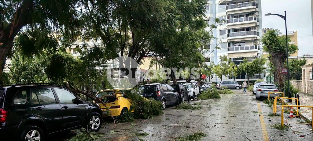 Πρωτοφανές σκηνικό με ισχυρούς ανέμους στην Πάτρα – Κλαδιά δέντρων σωριάστηκαν μέσα σε λίγα δευτερόλεπτα πάνω σε αυτοκίνητα