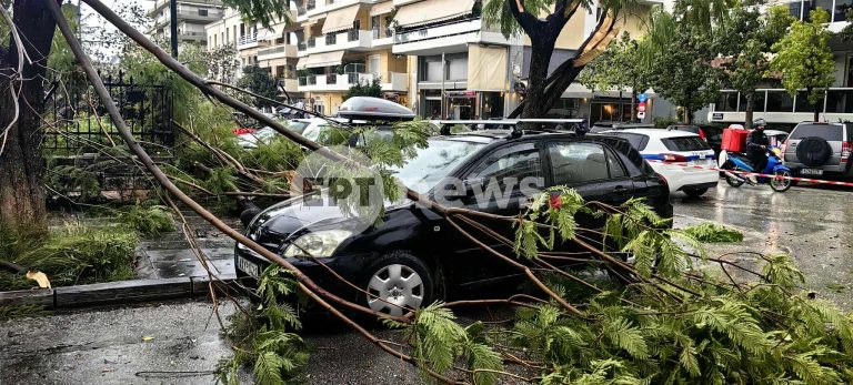 Πρωτοφανές σκηνικό με ισχυρούς ανέμους στην Πάτρα – Κλαδιά δέντρων σωριάστηκαν μέσα σε λίγα δευτερόλεπτα πάνω σε αυτοκίνητα
