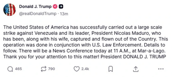 Βενεζουέλα: Ο Τραμπ ανακοίνωσε τη σύλληψη Μαδούρο μετά από «ευρεία επιχείρηση» των ΗΠΑ – Έχει μεταφερθεί εκτός της χώρας