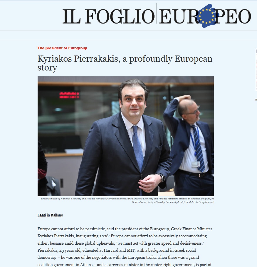Αφιέρωμα στον νέο πρόεδρο του Eurogroup Κυριάκο Πιερρακάκη από το ιταλικό Il Foglio