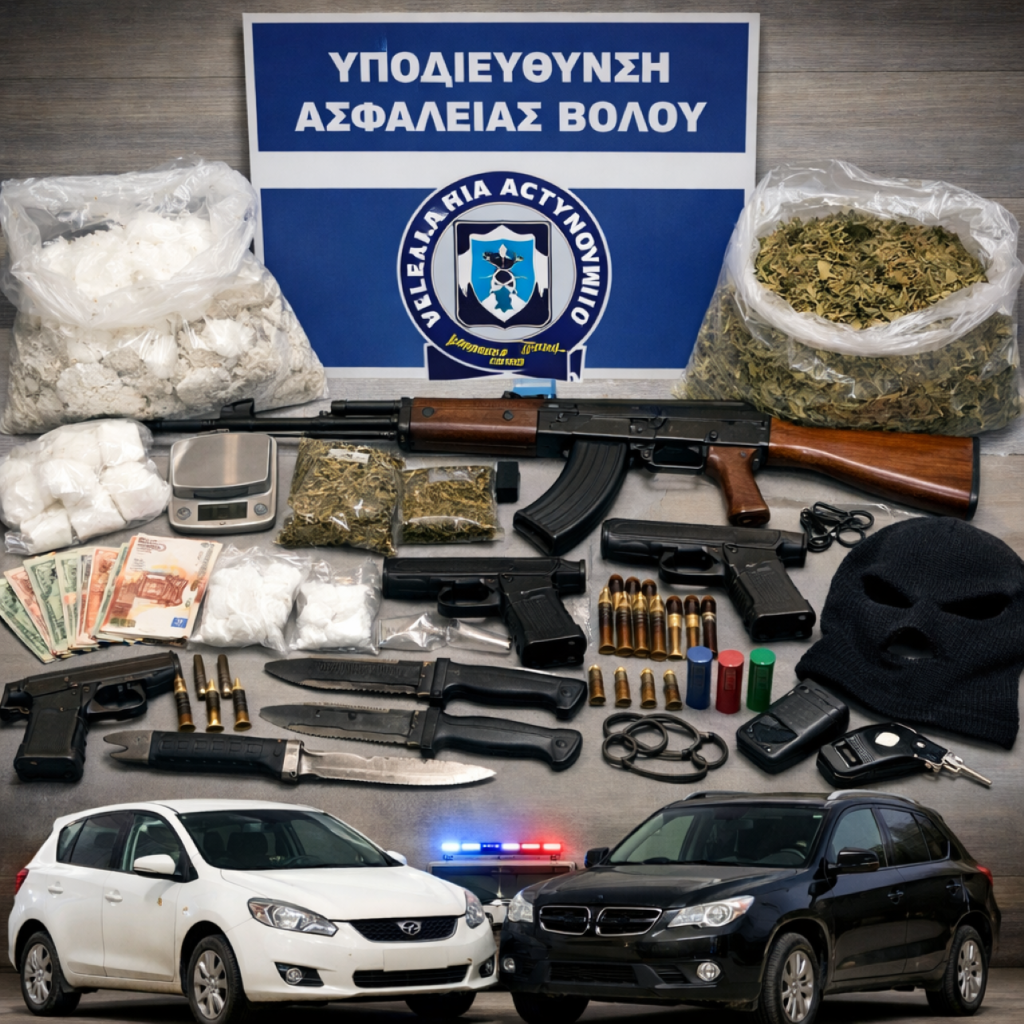 Βόλος: Δεκατρείς συλλήψεις για εγκληματική οργάνωση – Ναρκωτικά, όπλα και κλεμμένα οχήματα στο μικροσκόπιο των Αρχών
